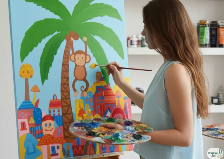 אמנית מציירת ציור יער צבעוני עם קוף מחייך ועצי דקל בסטודיו לאמנות