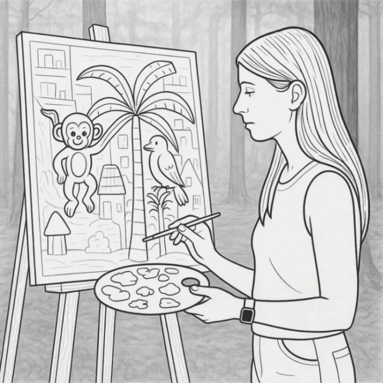 אומנית מציירת ציור יער על כן ציור הכולל קוף וציפור כחלק מדף צביעה של חיות חמודות