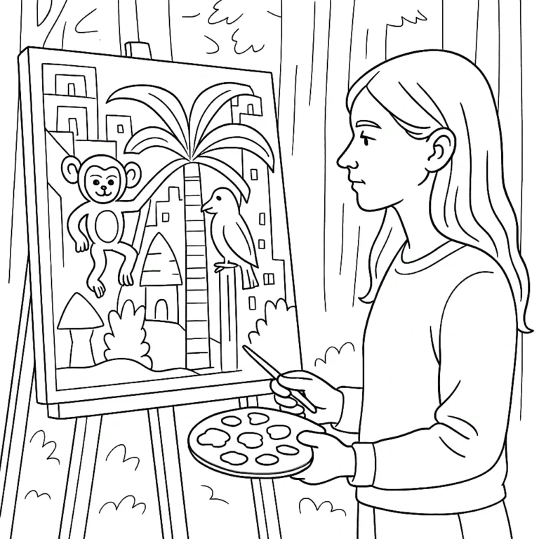 ילדה מחזיקה פלטת צבעים ומציירת ציור של חיות הכולל קוף וציפור כדף צביעה של חיות חמודות ביער