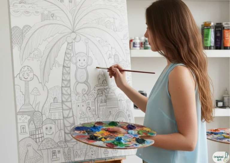 אמנית מציירת על כן , סקיצה לציור של יער חיות עם קוף מחייך ועצי דקל בסטודיו לאמנות